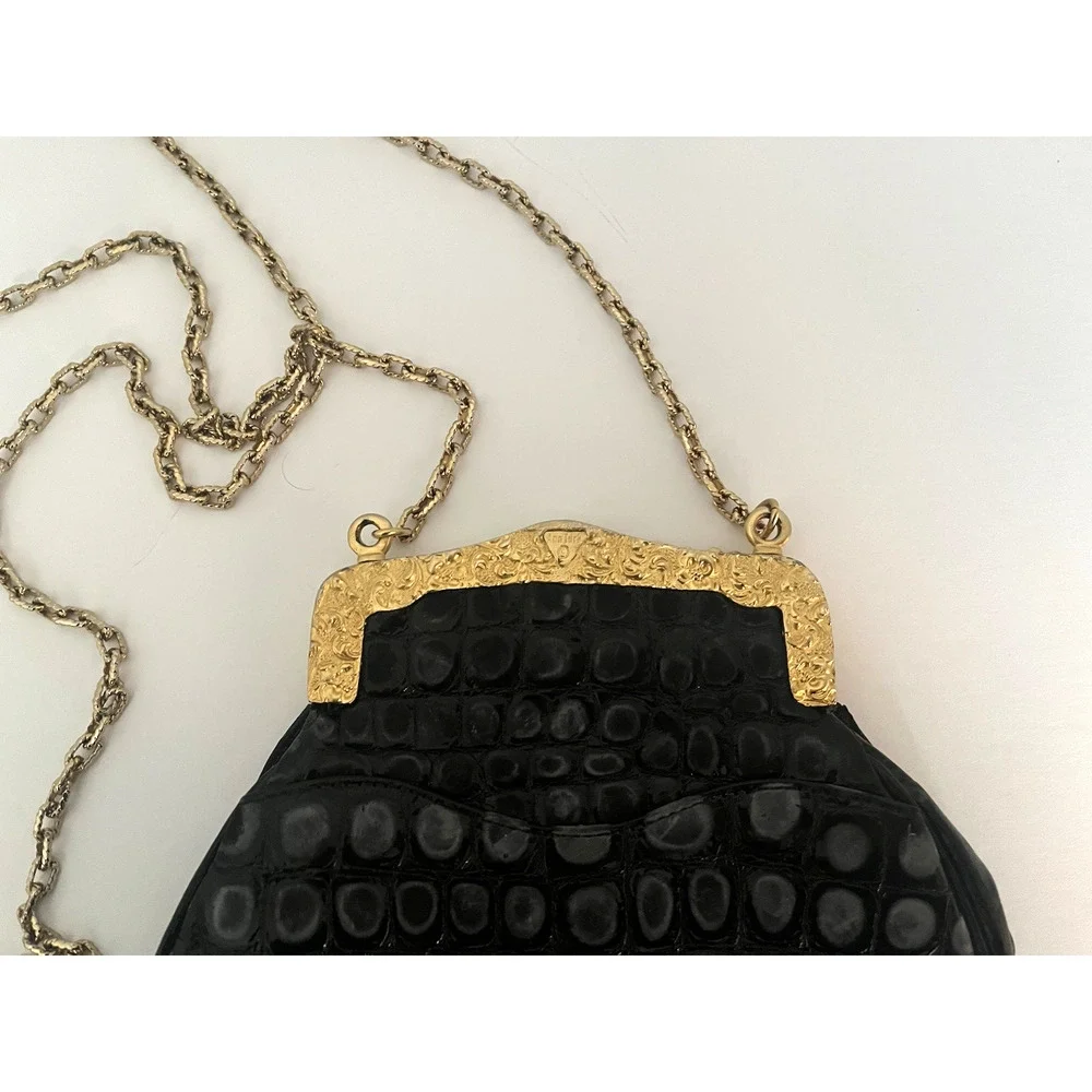 GLEN MILLER FOR ANN TURK EVENING HANDBAG BLACK EMBOSSED LEATHER, EC
